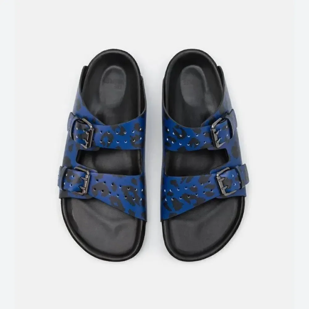 THE KOOPLES BLUE LEATHER LEOPARD-PRINT SANDALS NIB size 41